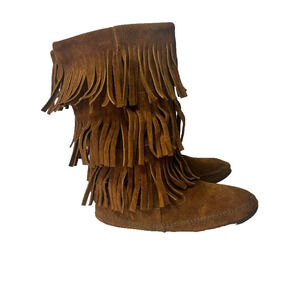 Minnetonka Moccasin Boots Womens 10 MidCalf Brown Suede 3 Layer Fringe Boho Vtg